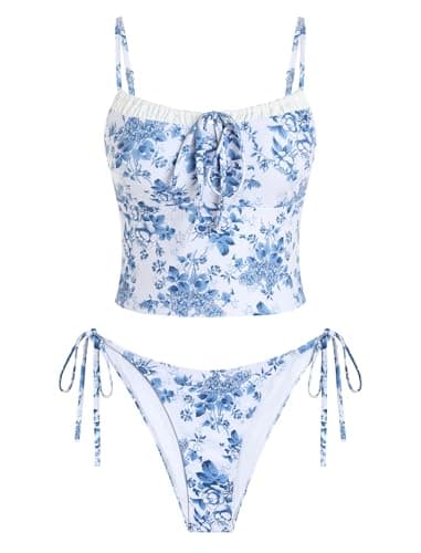 ZAFUL Light Blue Floral Womens Cute Tankini Bathing Suits Gingham Two Piece Tankinis Sets Bow Color Block Swimsuits with Tie Side Bottom - Image 1