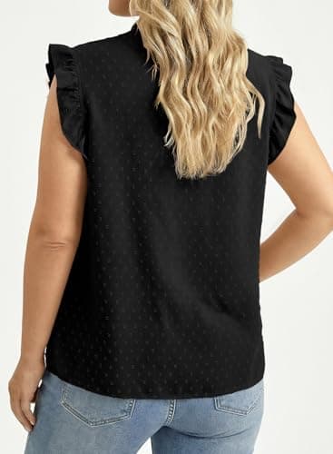 AlvaQ Plus Size Tops for Women Dressy Casual Summer Boho Flowy Swiss Dot V Neck Ruffle Sleeveless Blouses Shirts Black 3X-Large - Thumbnail 2