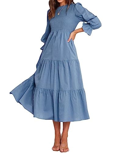 BTFBM Women Casual Long Sleeve Dress Fall Dresses 2025 Solid Color Relaxed Fit Smocked Tiered Flowy Boho Long Dresses(Solid Grey Blue,XX-Large) - Image 1