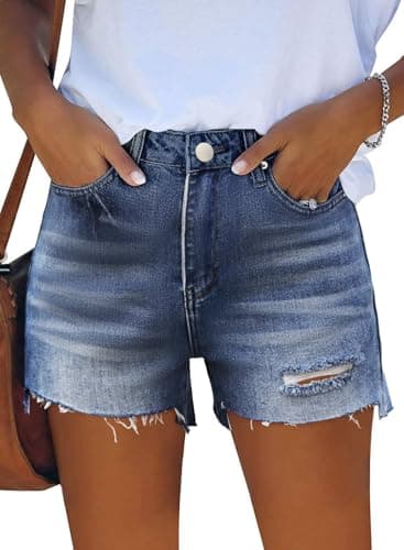 RUBZOOF Women's Casual Summer Denim Shorts Mid Waisted Stretchy Ripped Jean Shorts with Pockets Blue XXL - Image 1