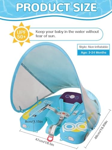 Mambobaby Baby Pool Float with Canopy, Kalolary Non-Inflatable Baby Swim Float Infant Swim Trainer Ring Toddler Pool Float with Adjustable Strap & Tile for 3-24 Months Age Boys Girls (Blue Car) - Thumbnail 3