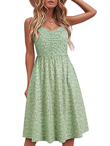 YATHON Casual Dresses for Women Sleeveless Cotton Summer Beach Dress A Line Spaghetti Strap Sundresses with Pockets(YT090-Green Floral 02,S) - Image 1
