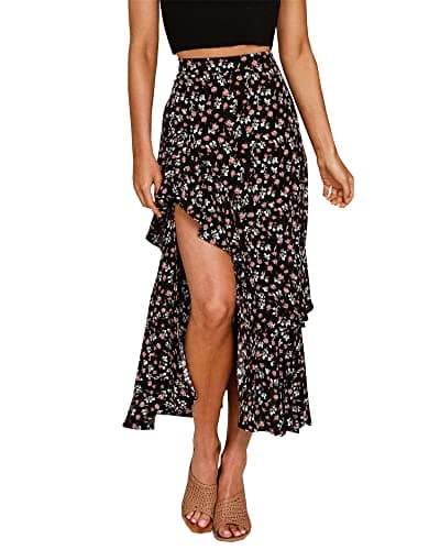 BTFBM Women 2025 Summer Spring Boho Long Skirts Dress Floral Print Elastic Waist Split Ruffle High Low Beach Maxi Skirt(Z-Black, Small) - Image 1