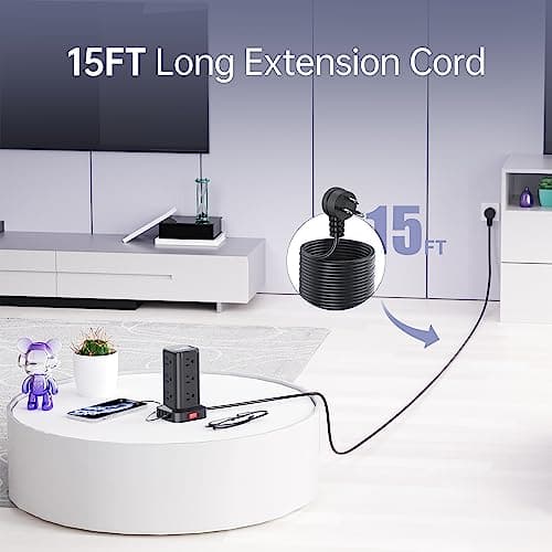 15FT USB C Power Strip Surge Protector Tower, Mini Power Strip Tower Travel 12 AC 4 USB Power Strip with USB Ports, Overload Protection for Home Office - Thumbnail 2