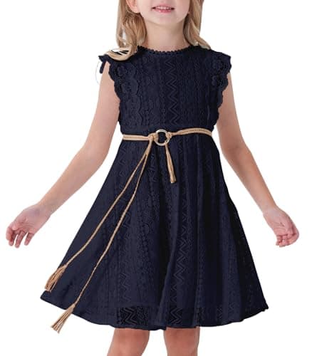 ALLOVIN Toddler and Girls Vintage Boho A-Line Lace Dress with Belt Pom Pom Trim Birthday Party Dress | Navy Blue | 10-11Y - Image 1