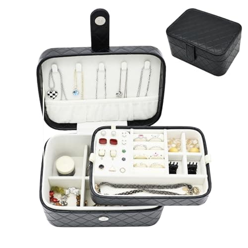 Cuifdem Jewelry Travel Case, 2-Layer Jewelry Box Organizer Medium Jewelry Travel Box, Portable Faux Leather Jewellery Storage Boxes with Argyle for Women, Daily Jewellery Case Home Use (Pure black) - Image 1