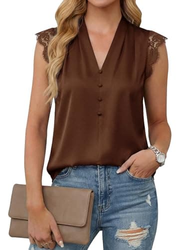 Cicy Bell Womens Summer Silk Satin Tank Tops Lace Cap Sleeve V Neck Casual Dressy Shirt Loose Fit Button Work Blouse Brown - Image 1