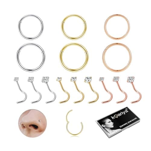 Koariya nose ring 18G and 20G nose nail set for men and women, anti allergic 316L medical grade stainless steel spiral nose nail, nose screw bone 2/2.5/3mm zircon perforated jewelry 15 pieces (three color gift box set) - Image 1