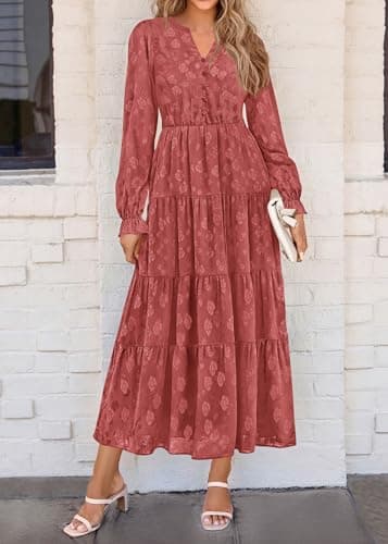 KIRUNDO Spring Wedding Guest Dresses for Women 2026 Maxi Floral Long Sleeve Elegant Ruffle Tiered Flowy Party Long Dress(Bean Paste Red, XX-Large) - Thumbnail 5