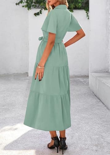 KIRUNDO Summer Button Down Wedding Guest Shirt Dresses for Women Maxi Flutter Short Sleeve Flowy Tiered Beach Sun Dress(Bean Green, XX-Large) - Thumbnail 2