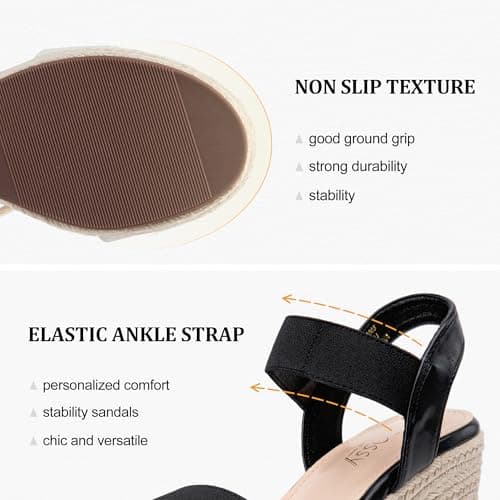 Jeossy Women's Wedge Platform Black Sandals, Espadrille 8801 Sandal, Summer Elastic Ankle Strap Shoes with 3.5 Inch, Size 6(DJY8801 Black 06) - Thumbnail 5