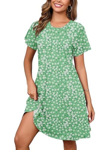 Heymoments Women's Short Sleeve Dress Floral Print Large Crewneck Casual Loose Flowy Below Knee Length Sundress Business A Line Shirt Teachers Summer Novelty Boho Dresses with Pockets - Image 1