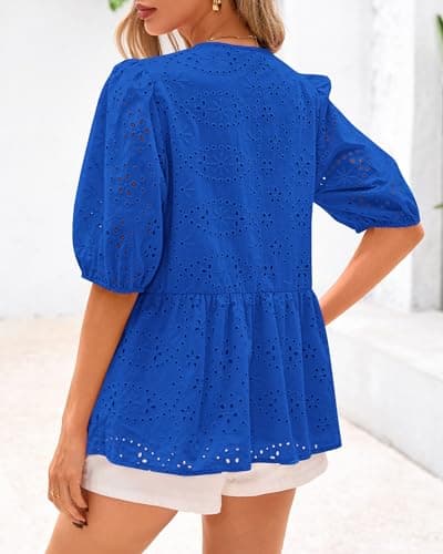 KIRUNDO Peplum Tops for Women 2026 Summer Eyelet Tie Front Blouses Casual Short Lantern Sleeve Cute Y2K Lace Babydoll Shirts(Blue, Medium) - Thumbnail 2
