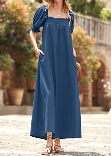 KIRUNDO Women 2026 Summer Maxi Dress Casual Loose Puff Sleeve Square Neck Maternity Flowy Long Beach Dresses with Pockets(Dark Blue, X-Large) - Thumbnail 2