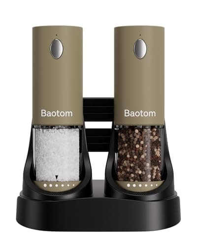 Baotom Electric Salt and Pepper Grinder Set with Dual Charging Base, 6 Adjustable Coarseness Levels & External Grind Settings, One-handed Operation Salt and Pepper Mills with LED Light,Brown - Image 1