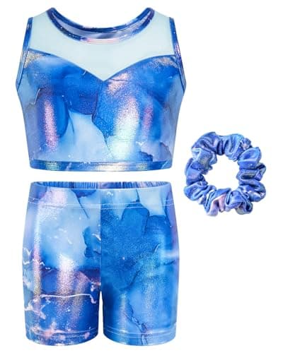 JiAmy Two Piece Gymnastics Leotards for Girls, Sleeveless Sparkly Dance Biketards with Shorts Ballet Tumbling Outfit Blue Marbled 8-9 Years - Image 1
