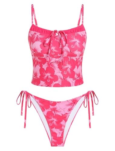 ZAFUL Red Hibiscus Floral Tankini Swimsuits for Womens Cute Tankini Bathing Suits Two Piece Checkered Tankinis Sets Bow Color Block Swimsuits with Tie Side Bottom - Image 1