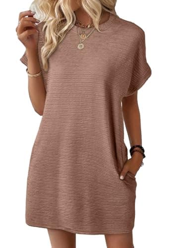 EVALESS Womens Summer Dresses 2026 Fashion Short Sleeve Cute Spring Mini Dress Crewneck Solid Casual Beach Vacation Tshirt Dresses - Image 1