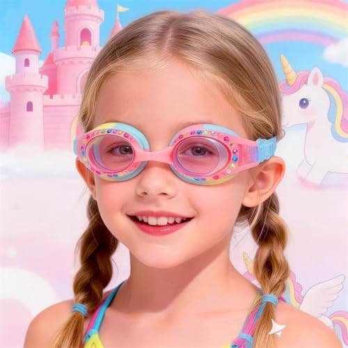YUENREE Kids Swim Goggles for Girls Ages 4-12 | Rainbow Bling Rhinestone Pink | No Leak Anti-Fog UV Protection | with Premium Hard Case - Thumbnail 2