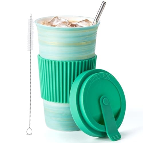 TIANNA VALLEY Ceramic Coffee Mug with Lid & Straw, 15oz Handmade Glazed Travel Mug, Microwave & Dishwasher Safe, Fits Most Car Cup Holders, Giftable Mug for Latte, Iced Coffee & Daily Warm Drinks - Image 1