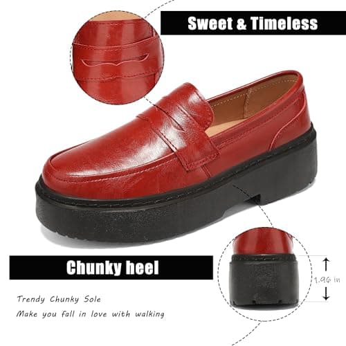 BEAUSEEN Women's Platform Chunky Penny Loafers Comfortable Lug Sole Slip-On Business Work Casual Dressy Shoes Red, 9.5 US - Thumbnail 5