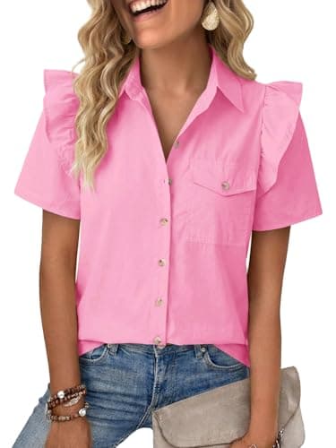 Cicy Bell Womens Ruffle Button Down Shirts Dressy Casual Short Puff Sleeve Cotton Tops Summer Loose Fit V Neck Blouses Pink - Image 1