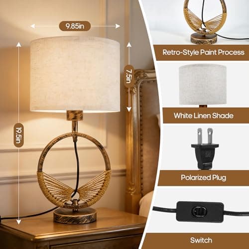 PHiWiDill Retro Farmhouse Black Table Lamps for Living Room,Desk Lamps for Home Office,23" Vintage Decorative Bedside Lamp for Nightstand Living Room,Linen Shades,LED Bulb (not Included)(1 Pack) - Thumbnail 5