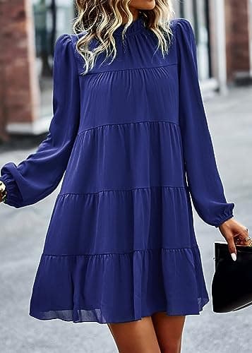 KIRUNDO Long Sleeve Baby Doll Dresses Women 2026 Casual Spring Summer Ruffle Mock Neck Tiered Mini Flowy Swing Shift Dress(Blue, Large) - Thumbnail 2