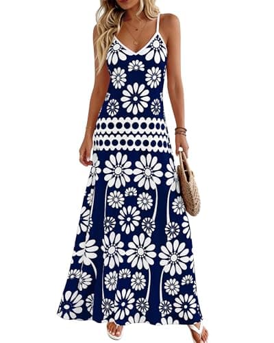 Zenlonr Womens Summer 2026 Wedding Guest Maxi Dresses Sphagetti Strap V Neck Floral Boho Long Dress Vacation(Royal Blue White Flower,XX-Large) - Image 1