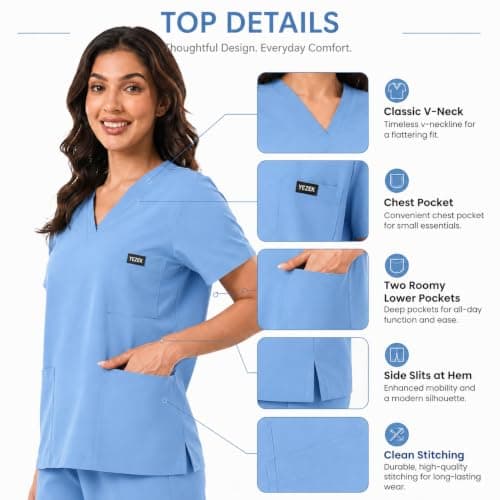 YEZEX Scrubs for Women Set, Stretch V-Neck Top & Jogger Scrub Pants, CeilBlue - Thumbnail 3