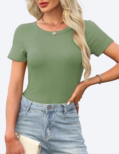 GKBK Crew Neck Short Sleeve Tops for Women Ribbed Fitted Tight Shirts Layering Top Basic Tee Tshirts Cute Summer Tops Casual Spring Clothes Outfits 2026 Trendy Light Green - Thumbnail 3