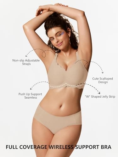 COCOMARTS Jelly Bras for Women No Underwire Scalloped Push Up Wireless Bralettes Seamless Soft Comfort Everyday Tshirt Bra Nude X-Large - Thumbnail 5