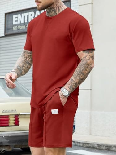 JEMLDL Men's 2 Piece Outfit Summer Set Loungewear Comfortable Home Short Sleeve Shirt & Shorts Casual Sweatsuit Red XXL - Thumbnail 4