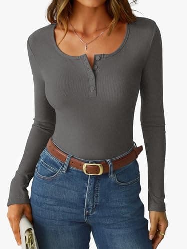 GKBK Ribbed Basic Tees Tshirts for Women Fitted Tight Long Sleeve Tops Dressy Casual Henley Tops Scoop Neck Cute Spring 2025 Trendy Outfits Clothes Dark Grey M - Thumbnail 2