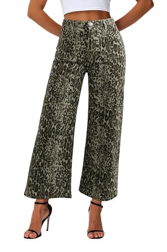 Genleck Women's Wide Leg Jeans – Trendy Cropped Loose Jeans High Waisted Stretchy Capri Denim Pants Baggy Trousers 2025 (Leopard Print, 8) - Image 1