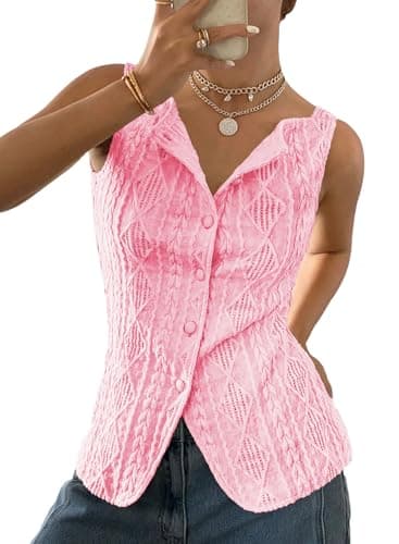 BLENCOT Women's Vest Top Slim Fitted Button Down Knit Vests Stretchy Textured Jacquard Going Out Tops 2X-Large - Image 1