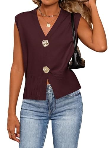 Bellcoco Sweaters for Women Sleeveless V Neck Lightweight Cropped Sweater Vest Ribbed Knit Pullover Casual Trendy Tank Tops Spring Summer Outfits 2026 Burgundy Medium - Image 1