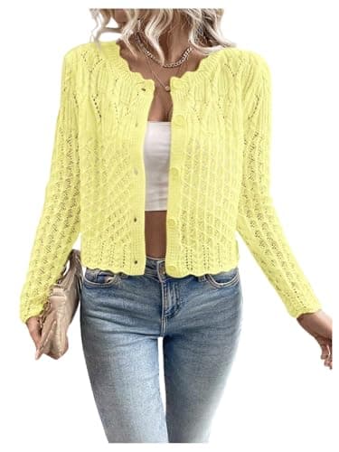 GORGLITTER Women's Button Up Cropped Cardigan Fall Sweaters Lightweight Open Front Cute Long Sleeve Crochet Knit Tops Yellow Small - Image 1