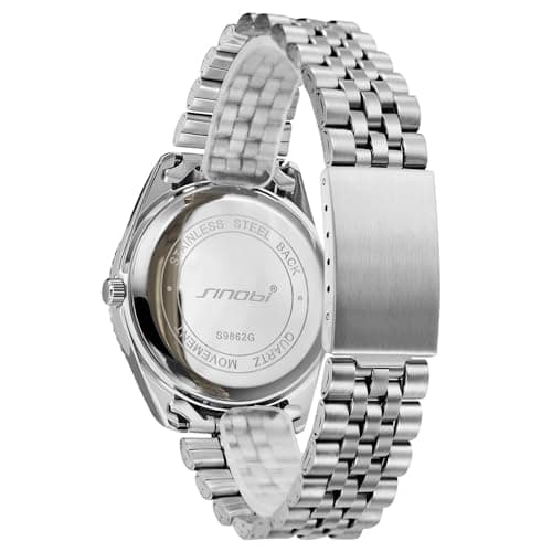 SINOBI Men's Luminous Hand Calendar Date Quartz Watch Classic Stainless Steel Watches for Men (Silver-Green) - Thumbnail 4