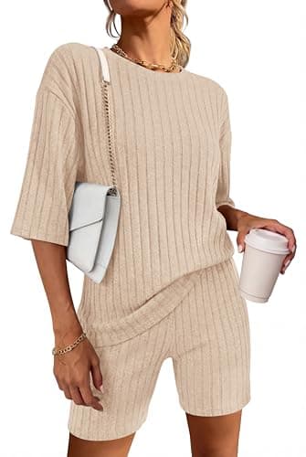 KIRUNDO Lounge Sets For Women 2 Piece Ribbed Knit Shorts Set Casual Short Sleeve Tops Biker Shorts Vacation Cruise Outfits (Beige, X-Large) - Image 1