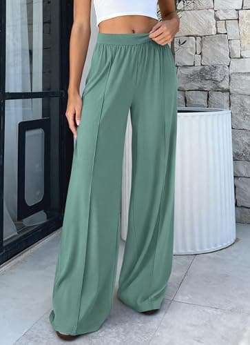 BTFBM Palazzo Pants for Women 2026 Spring Summer Casual Lounge Pants High Waist Flowy Trousers Baggy Wide Leg Pants(Bean Green, Large) - Thumbnail 6