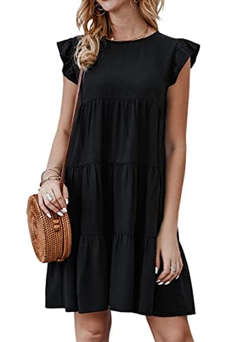 KIRUNDO Womens Dresses Summer Casual Sleeveless Ruffle Sleeve Round Neck Black Loose Short Flowy Pleated Mini Babydoll Dress(Black, Medium) - Image 1