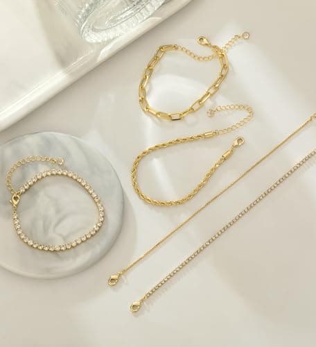 Gold Bracelets for Women 14K Gold Plated Stack Trend Bracelets Charm Paperclip Chain Cuban Link Layered Waterproof Bracelet Dainty Bracelet for Women Jewelry Gifts (Gold 5Pcs) - Thumbnail 5