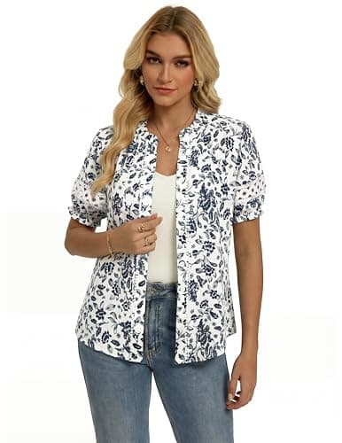 GRACE KARIN Women Boho Floral Tops, Summer Short Eyelet Sleeve Dressy Casual Shirts, Spring Button Down Blouse 2026 Trendy Navy X-Large - Thumbnail 3