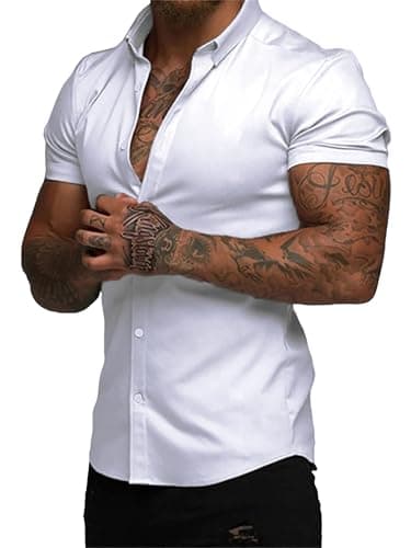 JMIERR Men's Muscle Fit Dress Shirts Casual Stylish Button Up Short Sleeve Wrinkle-Free Business Shirt for Men,2XL,White - Image 1