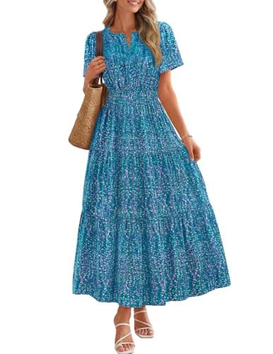 MEROKEETY Women's Spring Summer Floral Maxi Dresses 2026 Casual Beach Vacation Boho V Neck Short Sleeve Midi Dress Pockets, Bluegreen, Medium - Image 1