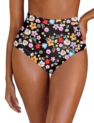 Arolina Women's Black Floral Bikini Bottoms High Waisted Swimsuit Bottoms Ruched Tummy Control Full Coverage Bikini Shorts Beach Swimwear - Image 1