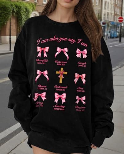 Ladicme Christian Sweatshirts for Women Oversize Pink Bow Graphic Pullover Top Casual Loose Fit Tops I Am Who You Say I Am shirt - Thumbnail 2