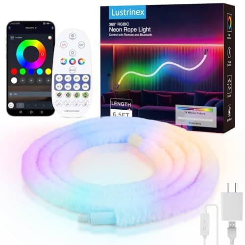 Lustrinex LED Neon Rope Lights, 6.5ft RGBIC 360° Luminous 5v USB Bluetooth APP Control Music Sync IR Remote Color Changing Smart LED Strip Lights for Bedroom Gaming Party Decor - Image 1