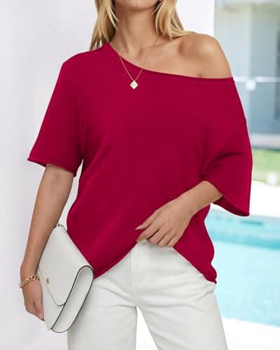 BTFBM Sweaters for Women 2026 Summer Oversized Half Short Sleeve Knitted Pullover V Neck‌ Casual Loose Fit Spring Tops(Red, Large) - Thumbnail 5